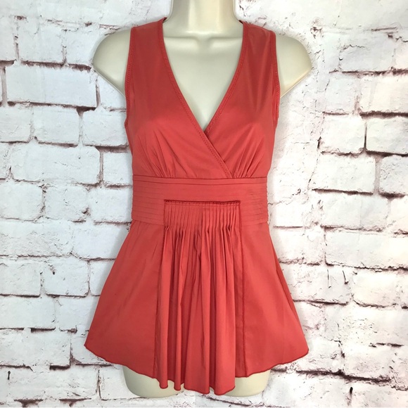 BCBGMAXAzria XS Coral Pleated Faux Wrap V-Neck Empire Waist Peplum Cotton Top XS - Picture 16 of 16